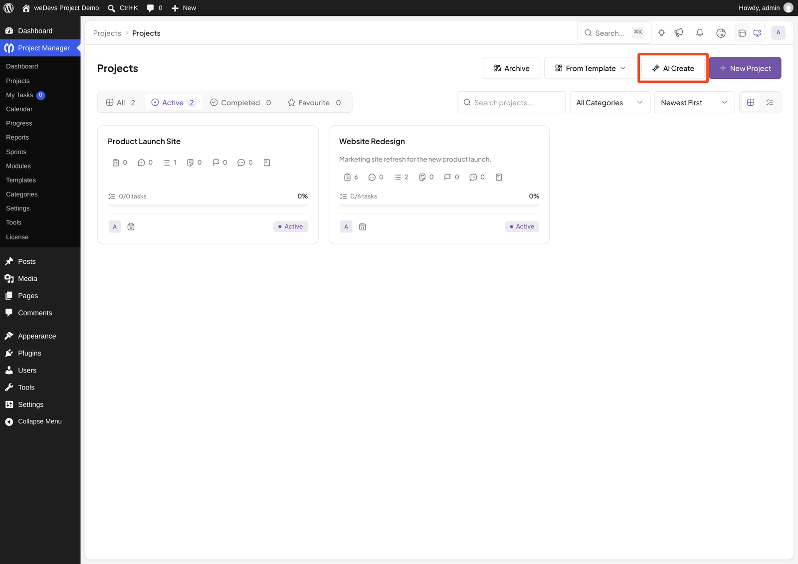 AI Create button on the WP Project Manager Projects screen