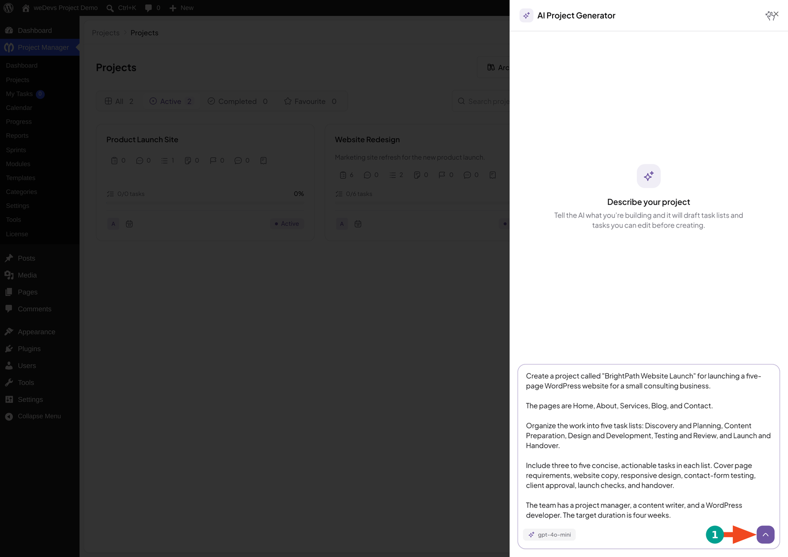 BrightPath Website Launch project description entered in the AI Project Generator, ready to send