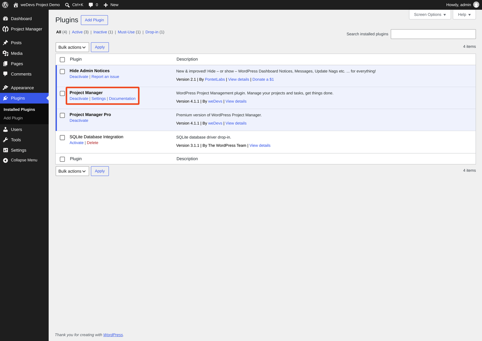 WP Project Manager and WP Project Manager Pro activated on the WordPress Plugins screen
