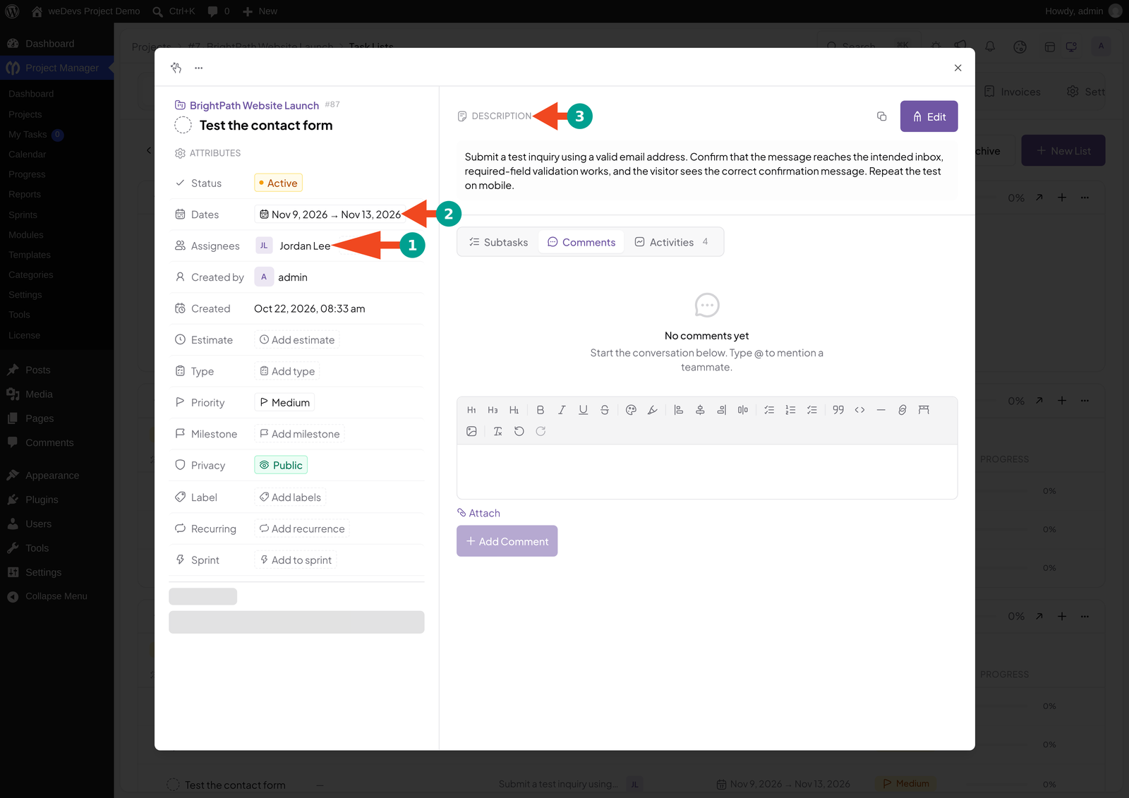 Test the contact form task in WP Project Manager with the assignee, due dates, and description highlighted
