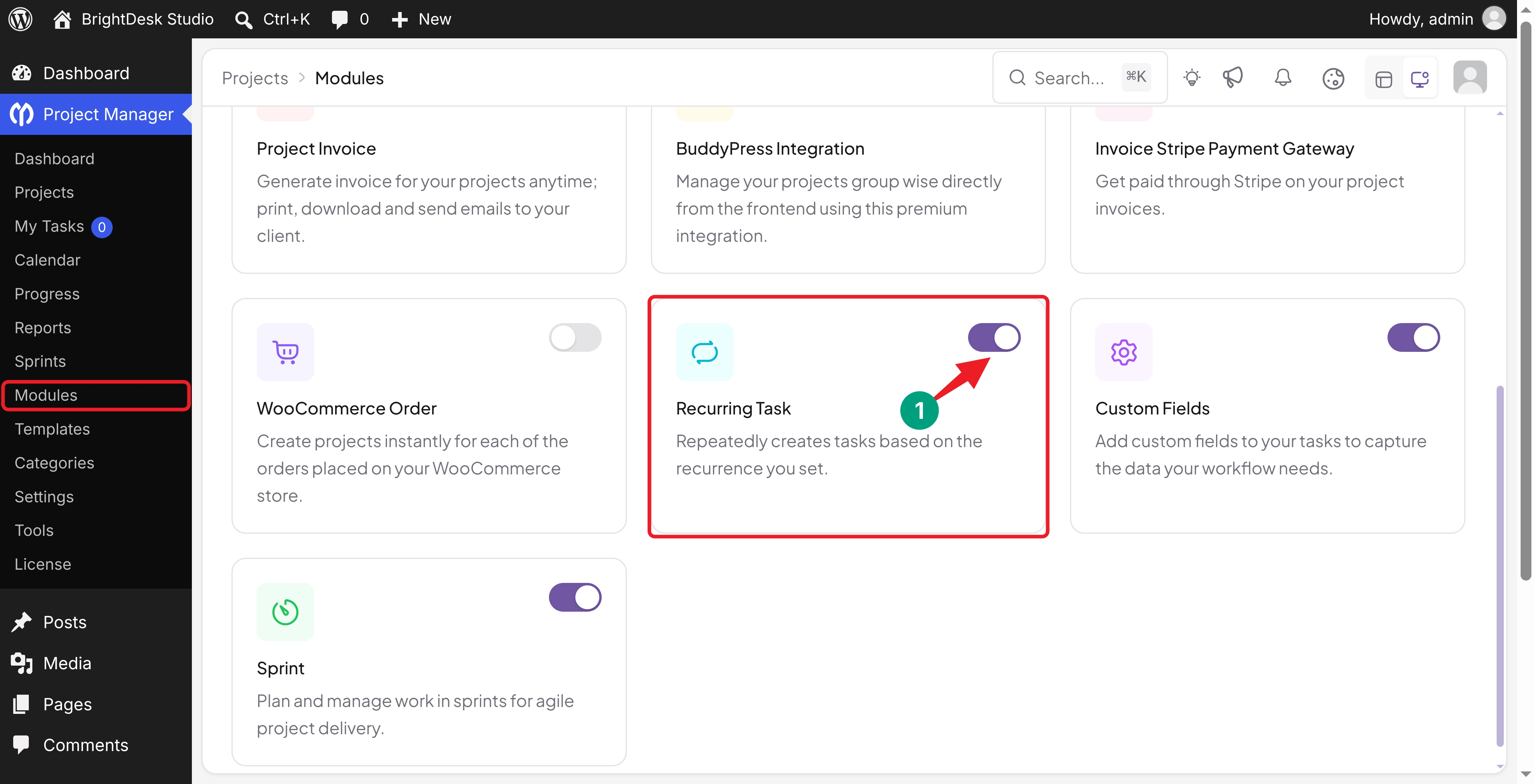 Enabling the Recurring Task module under Project Manager > Modules in WP Project Manager Pro