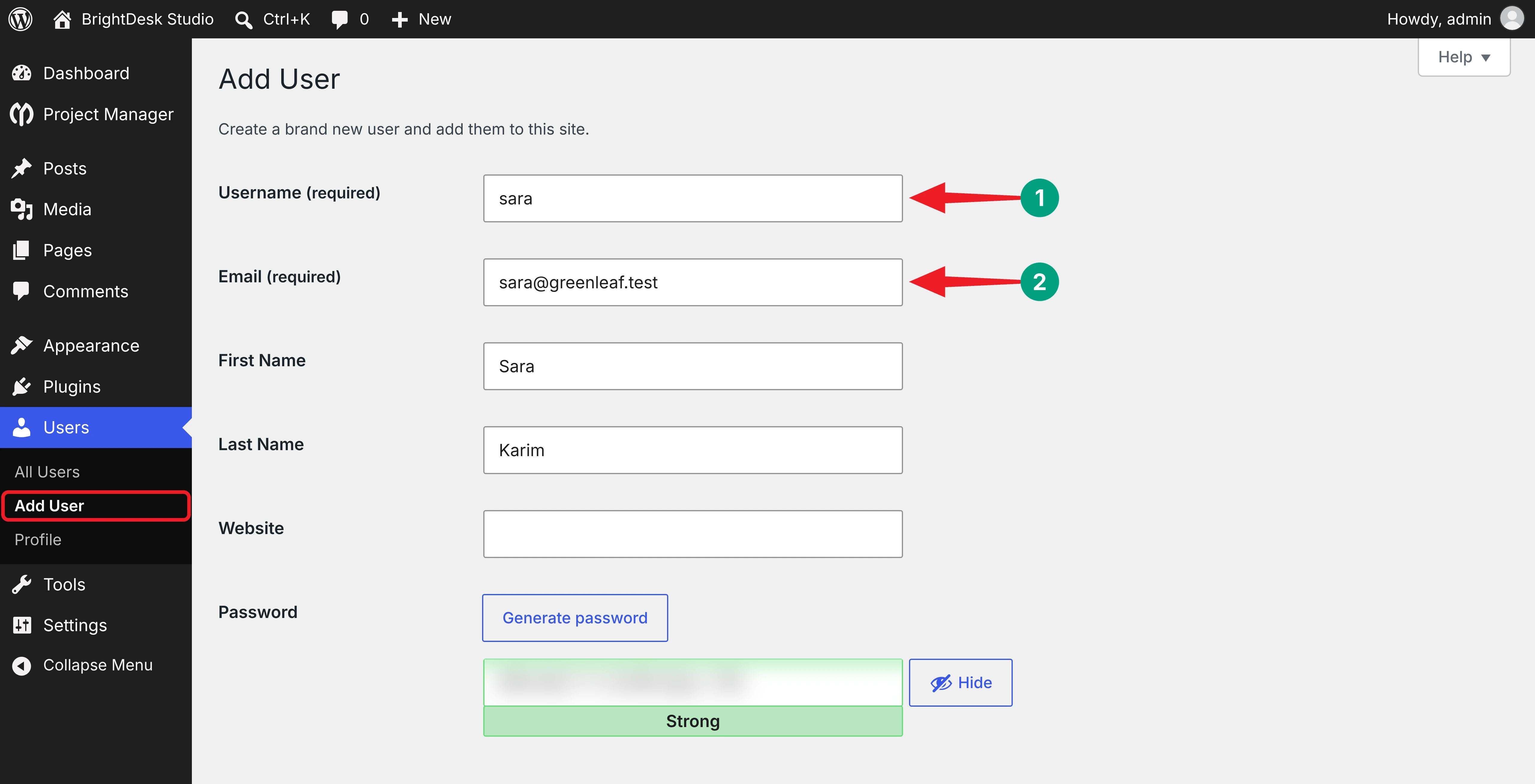 Username and email entered on the WordPress Add User screen