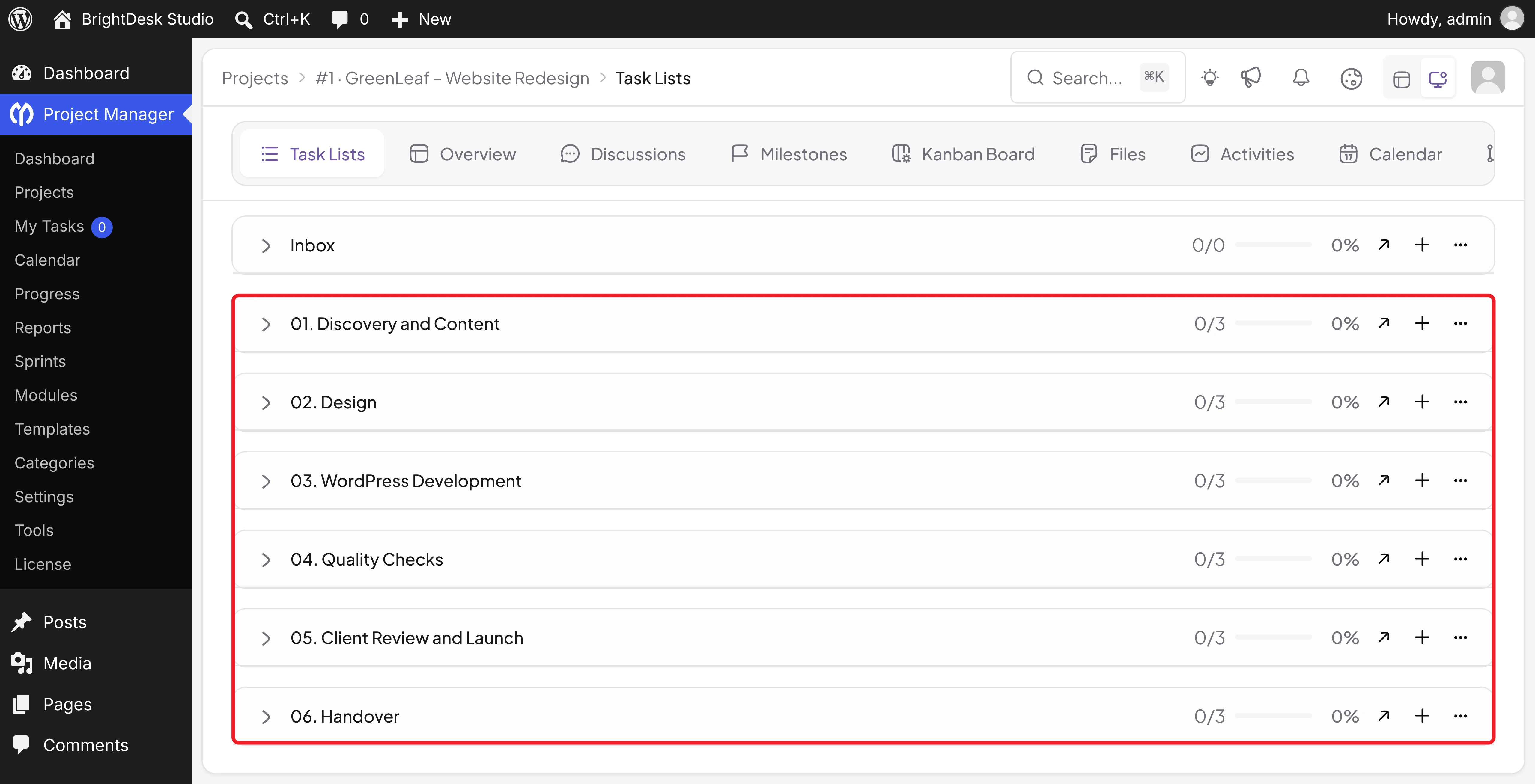 Six agency task lists plus the default Inbox list in WP Project Manager