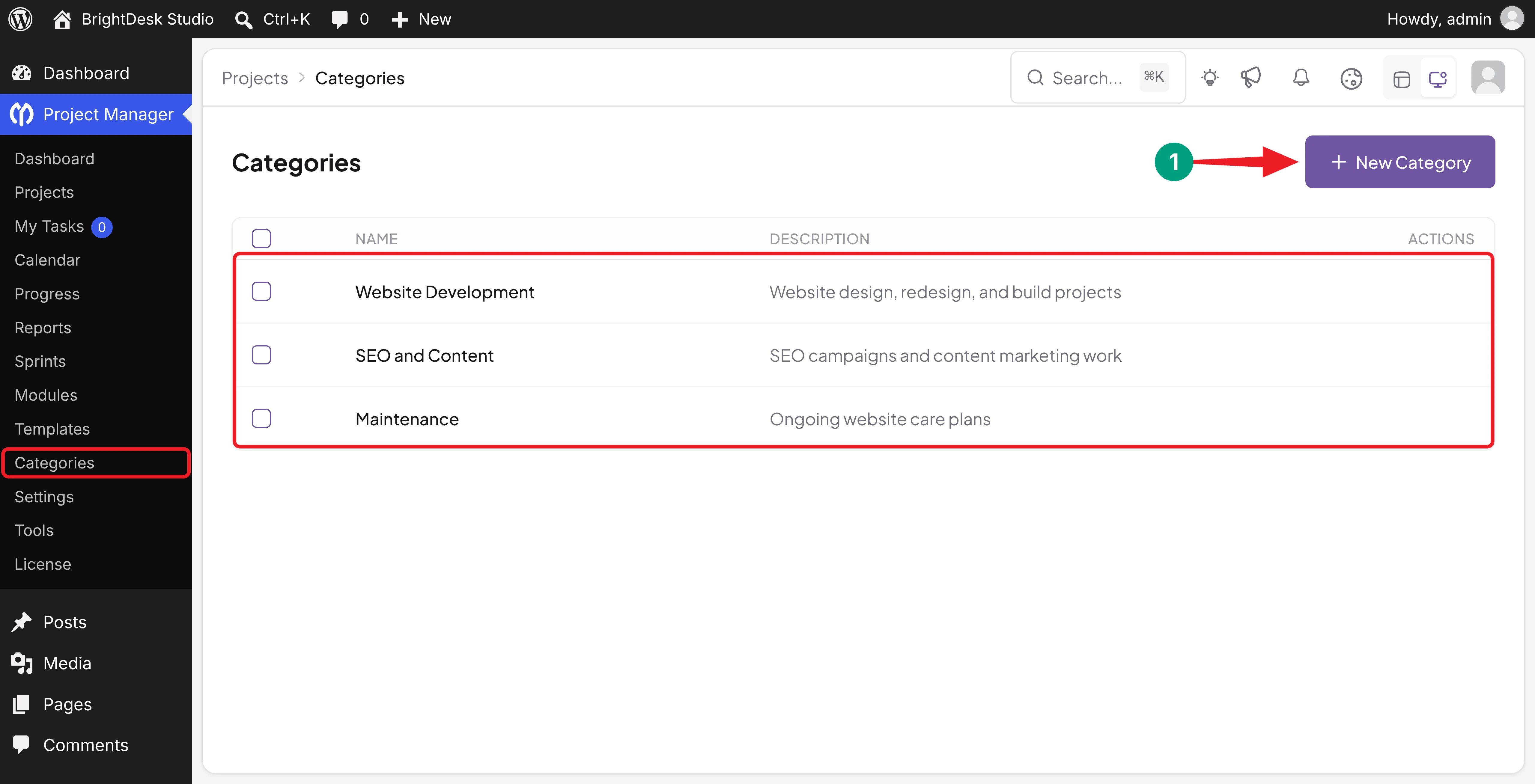 Website Development, SEO and Content, and Maintenance categories in WP Project Manager