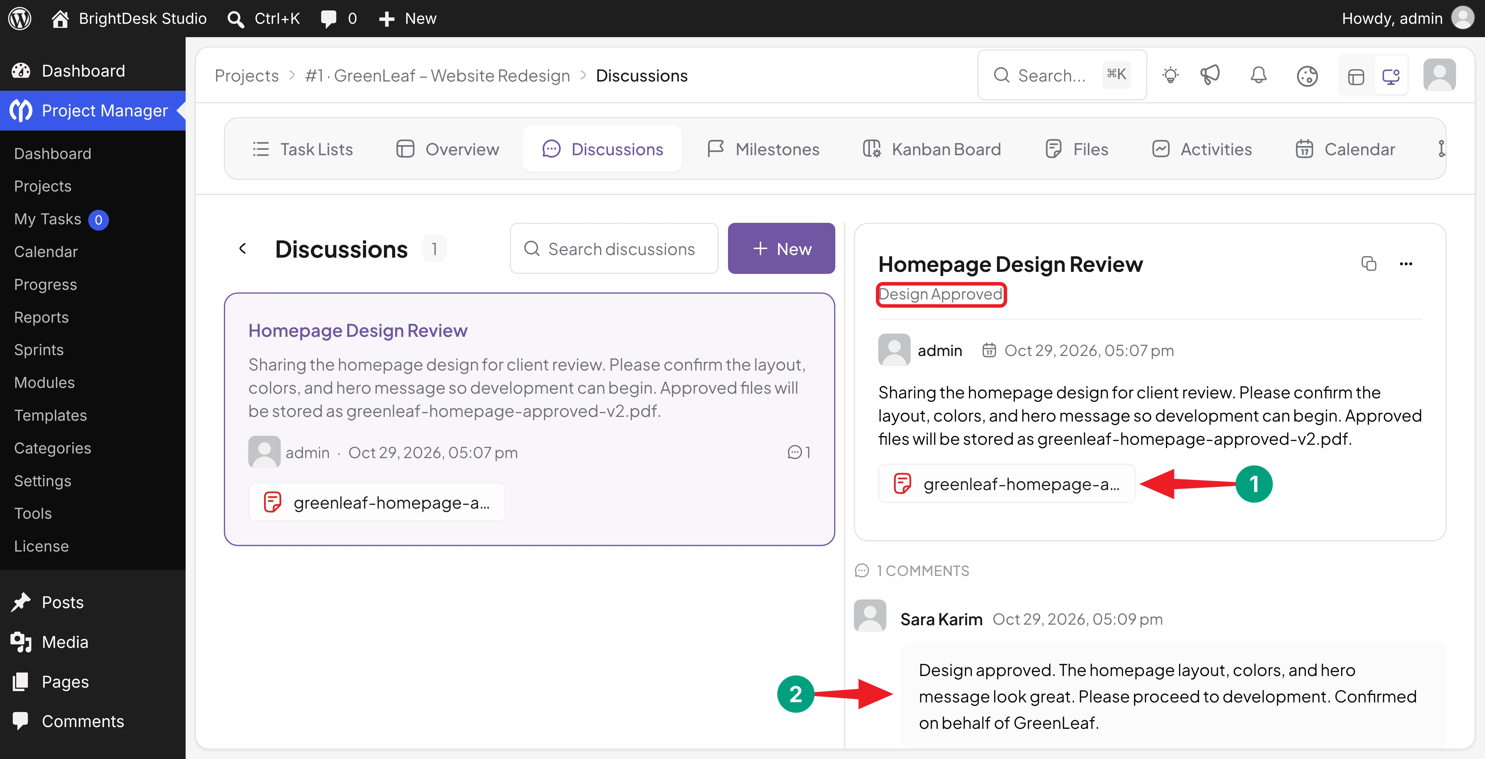 Client approval comment and attached file in a project discussion