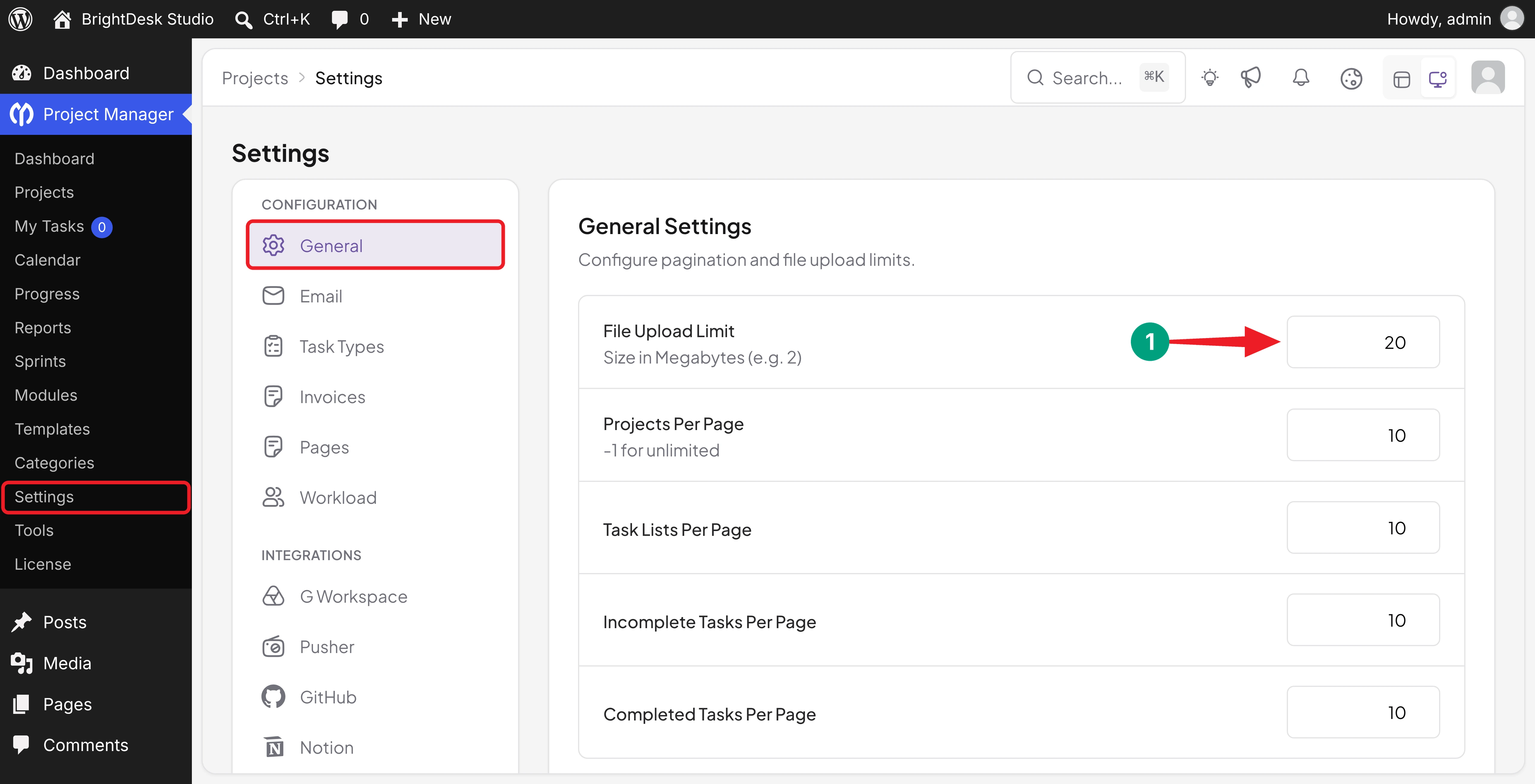 File Upload Limit set to 20 MB in WP Project Manager General Settings