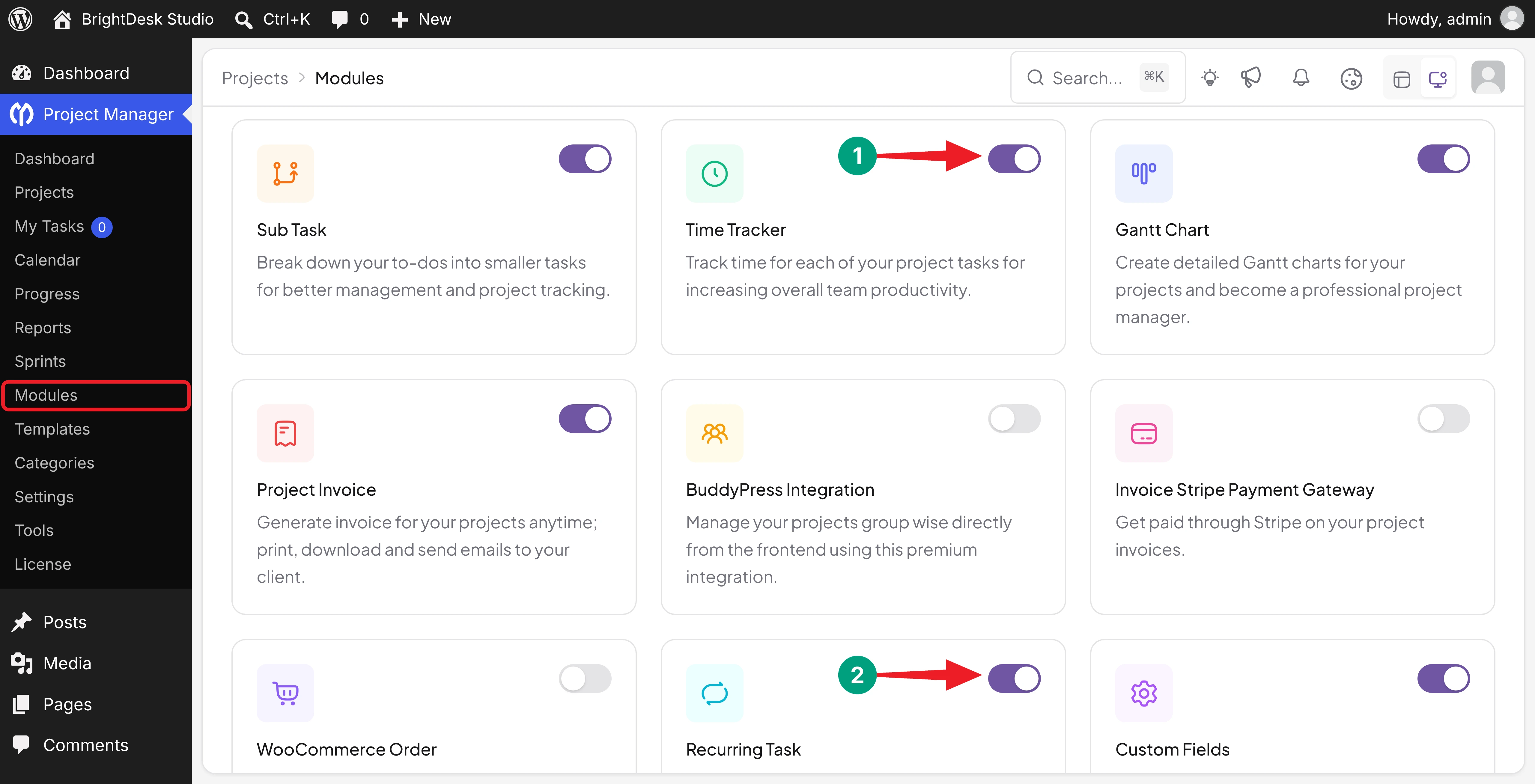 Time Tracker and Recurring Task modules turned on in WP Project Manager