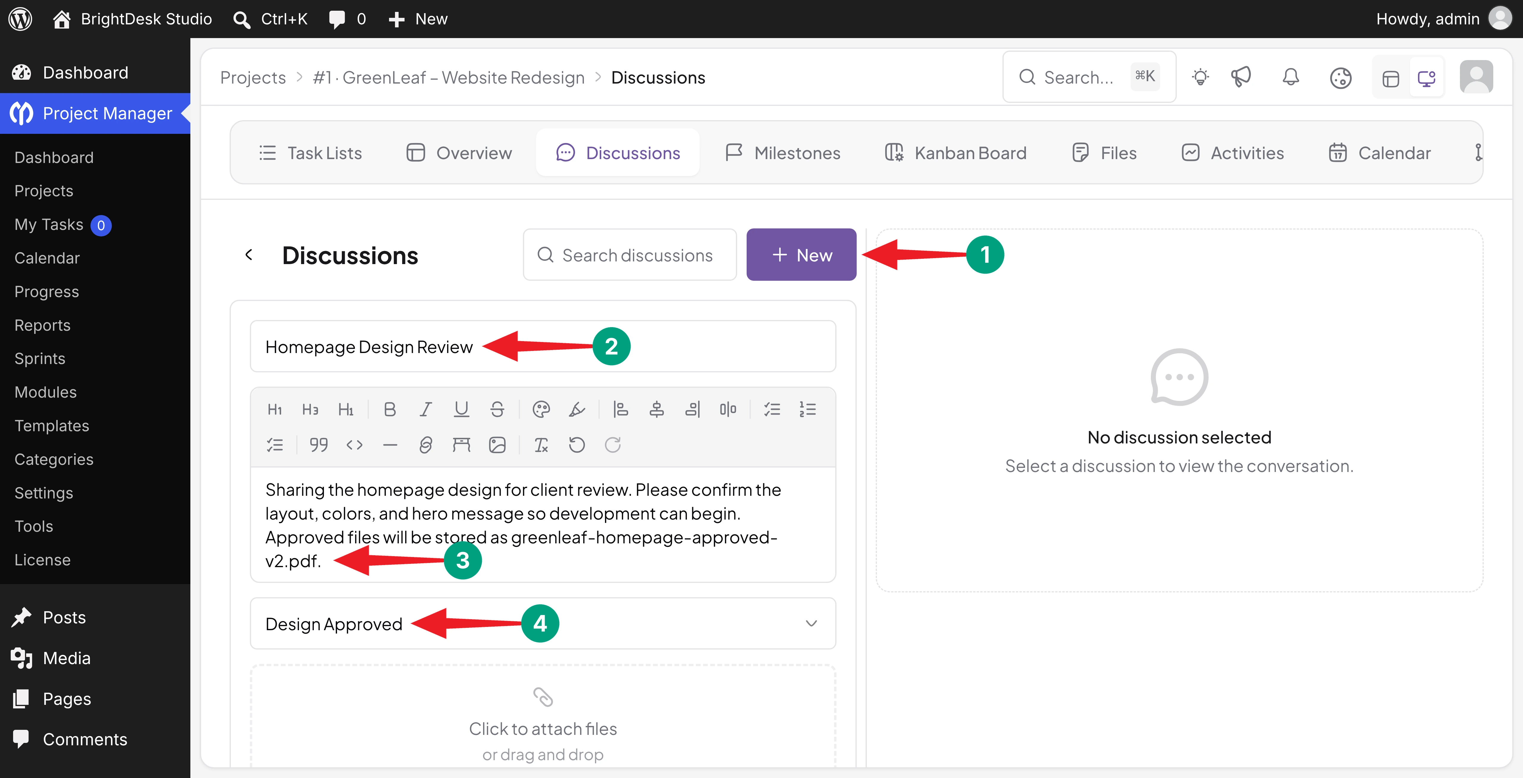 New discussion form with a title, message, and linked milestone