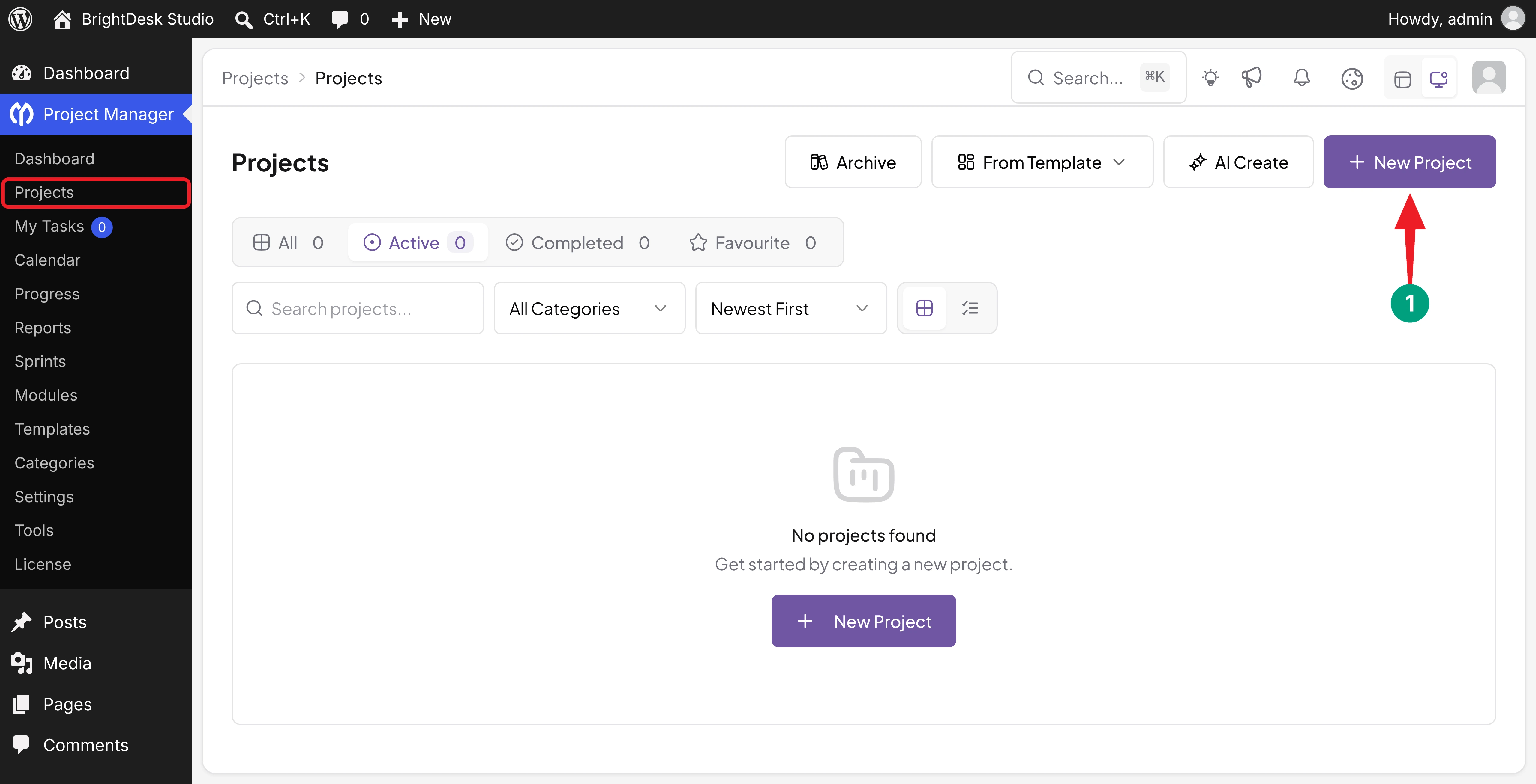 New Project button on the WP Project Manager Projects screen