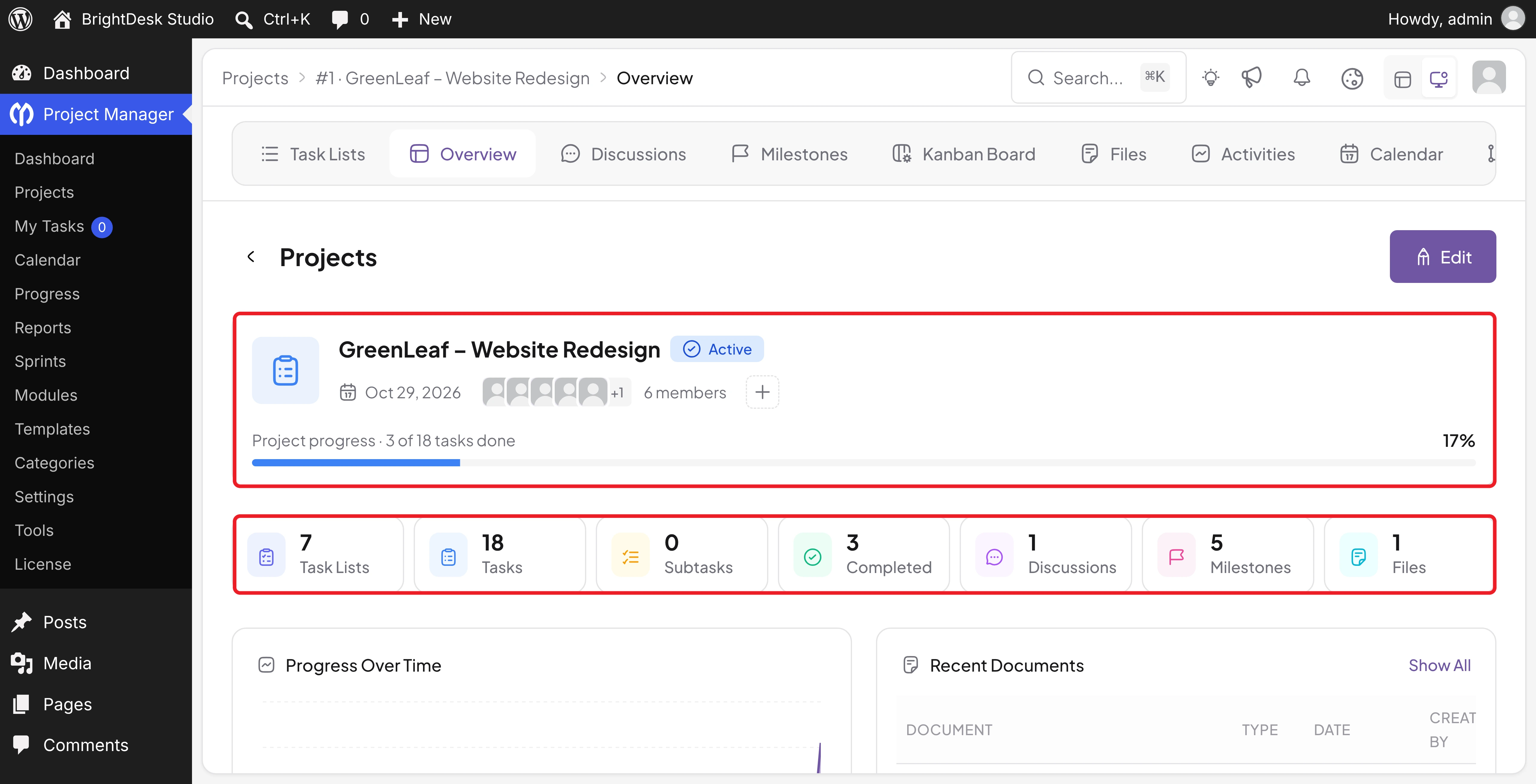 Project Overview showing progress and counts for task lists, tasks, discussions, milestones, and files