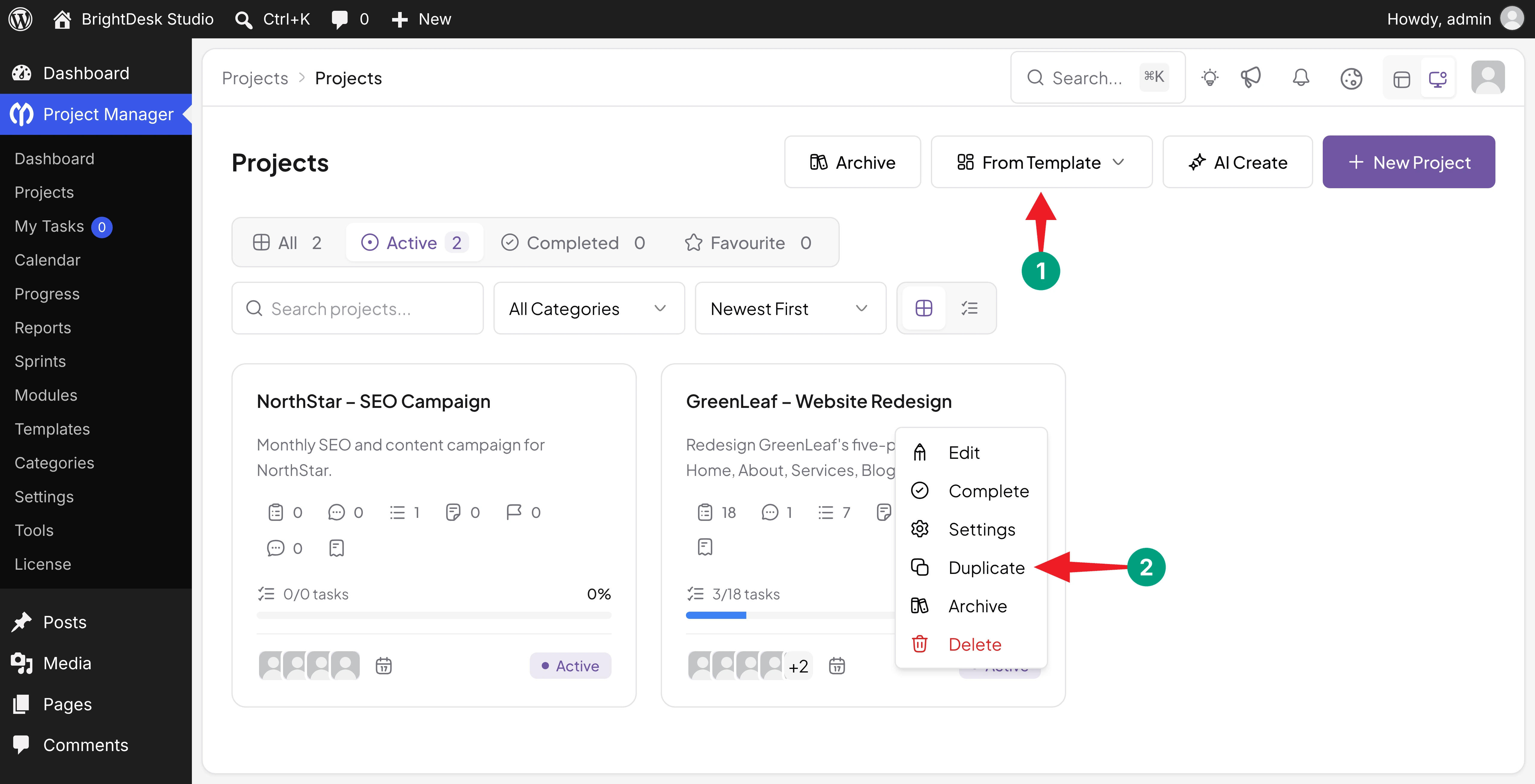 From Template button and the Duplicate option in the project actions menu