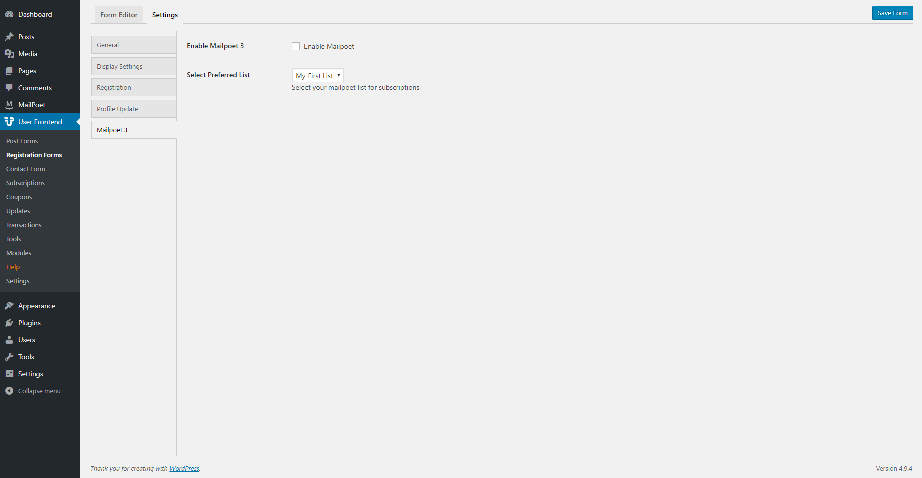 wpuf-registration-forms-settings-mailpoet